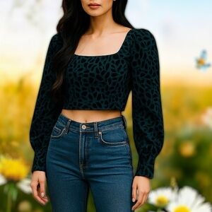 NWT PAPERMOON Flocked Long Sleeve Crop Top in Black / Gray M